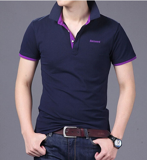 精棉萊卡高檔POLO衫定做，藏青色搭配紫色款式圖