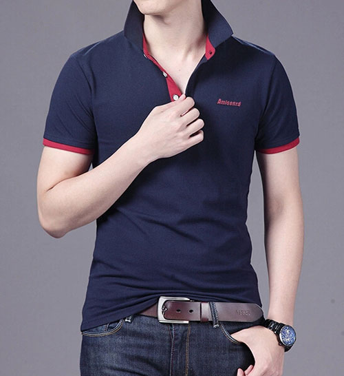 精棉萊卡高檔POLO衫定做，藏青色搭配暗紅色效果款式圖