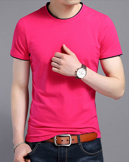 短袖圓領T恤衫定做款式:玫紅色嵌黑邊模板效果圖