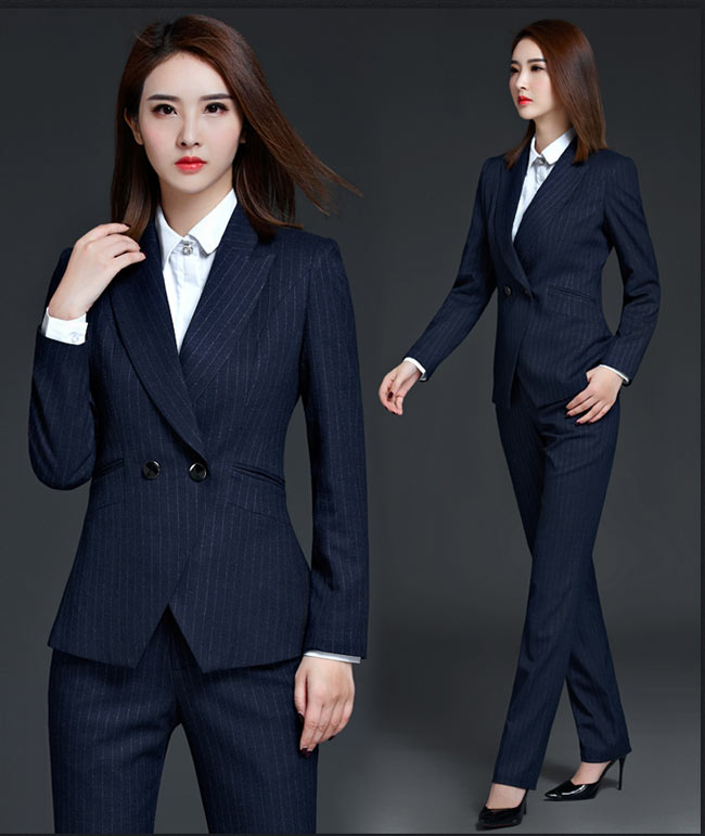 藍色條紋女職業套裝定做款式圖