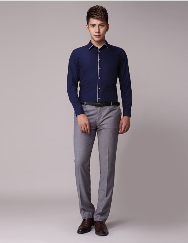 深藍色嵌邊款定制工作服款式模特效果圖片