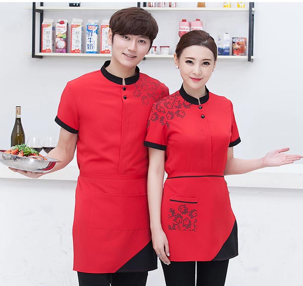 紅色短袖餐飲服務員工作服訂做款式圖二
