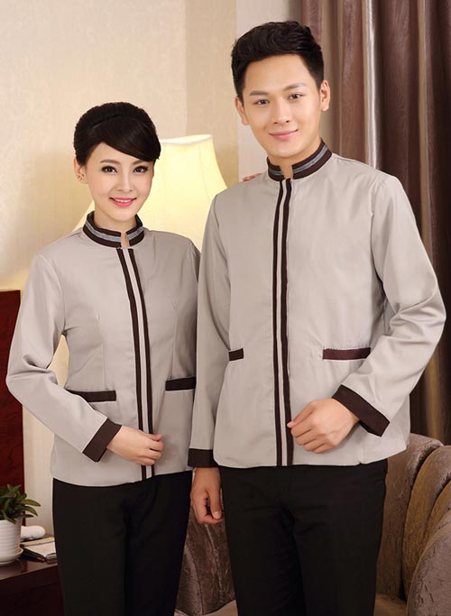 杏色男、女式長袖保潔工作服定做款式