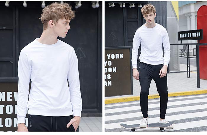 秋冬純色線圈圓領(lǐng)衛(wèi)衣定做模特實(shí)穿之白色前后效果展示圖