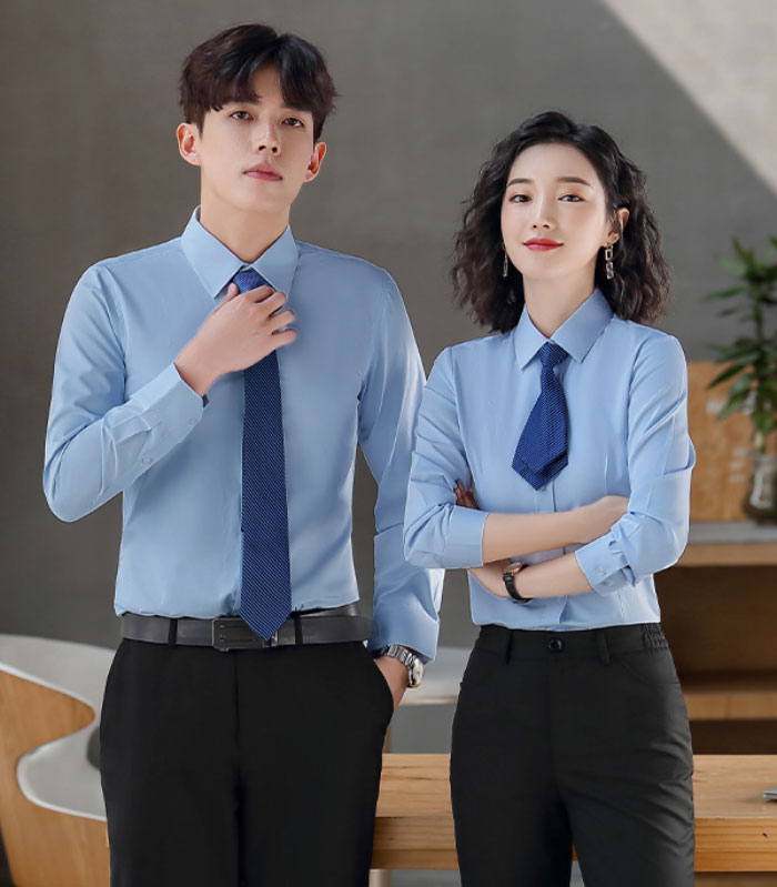 天藍色款男女款職業襯衫定制批發模特效果展示圖